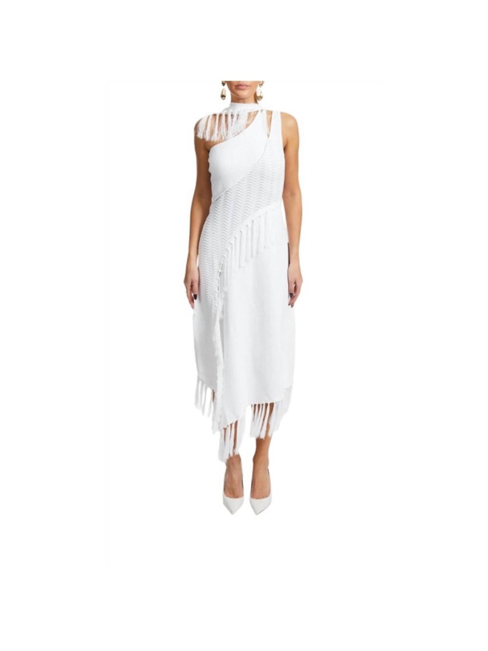 ISO cult gaia White One-Shoulder Fringe Knit Midi Dress in medium or large